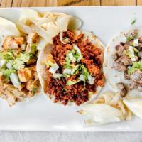 Street Tacos (3 Tacos) · (3) Small flour tortillas, with your choice of protein and a cilantro and onion mix.  Choose...