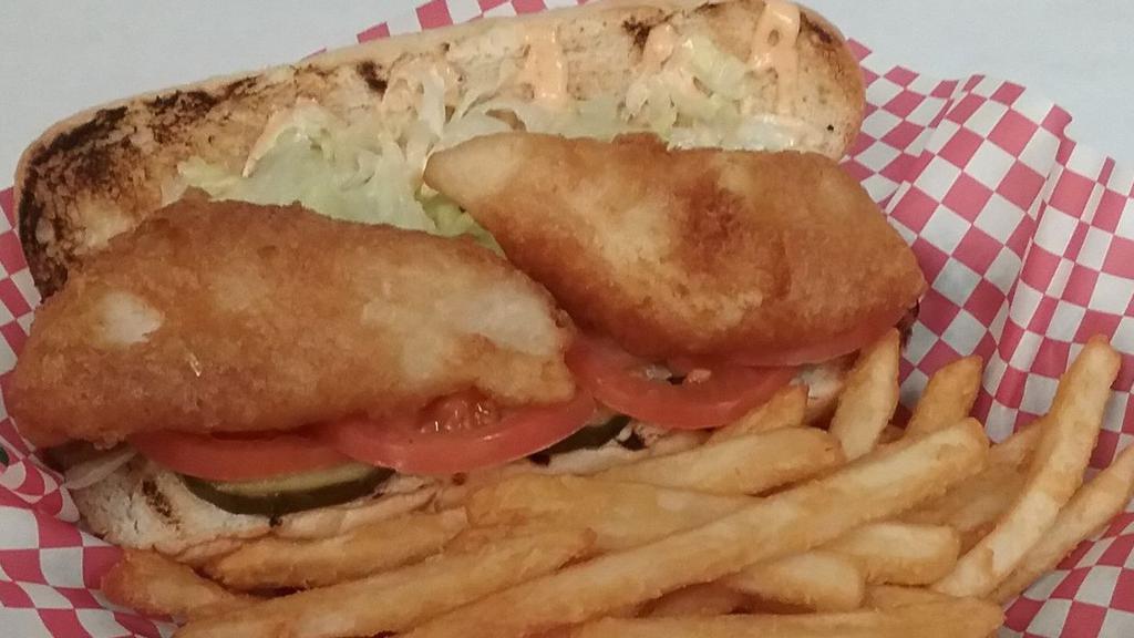 Cod Po Boy · Beer battered white fish fried and served with lettuce, tomato, pickle, and Cajun mayo on a toasted baguette.