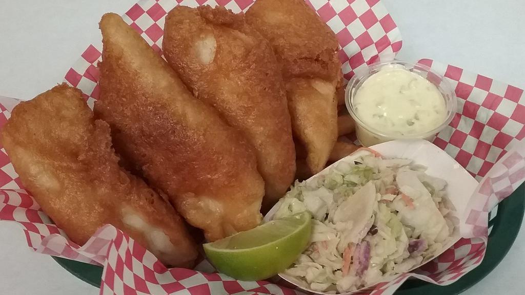 Fish & Chips · Battered fillet with fresh citrus and tartar sauce.