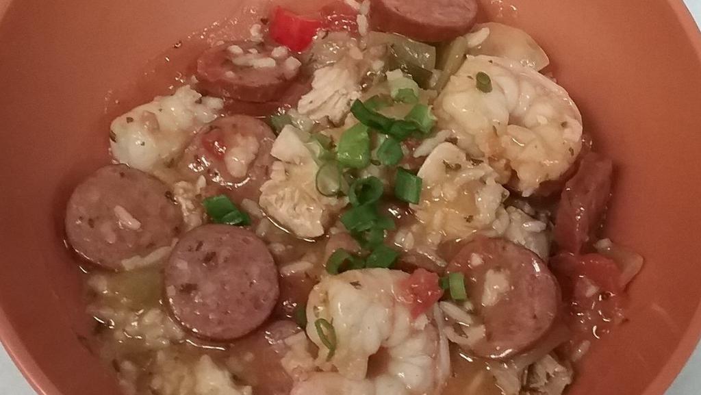 Jambalaya · Traditional spicy tomato base with chicken, sausage, shrimp and rice.