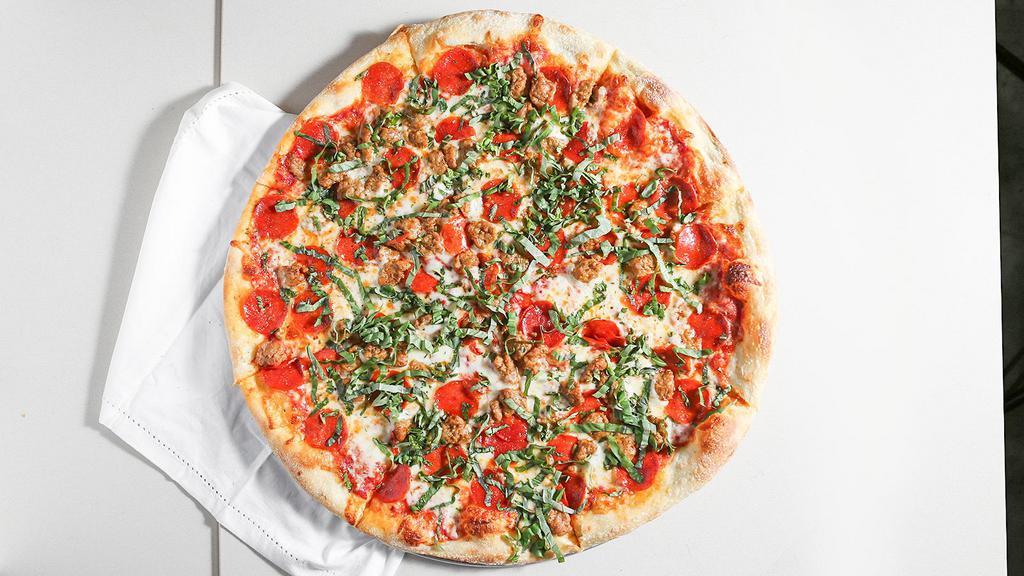 Brooklyn Family · Pepperoni, sausage and fresh basil – our pie of choice, don’t be surprised if the kitchen steals a slice.
