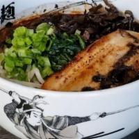 Hybrid Ramen · Black and red. with green onions, bean sprouts, spinach, cloud ear mushrooms, and one piece ...