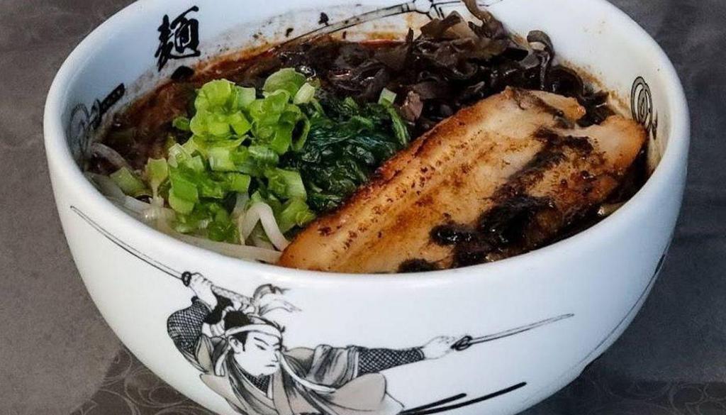 Hybrid Ramen · Black and red. with green onions, bean sprouts, spinach, cloud ear mushrooms, and one piece of pork belly and seaweed.