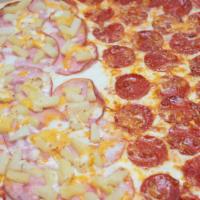 Crowd Pleaser Pizza · Half pepperoni and half hawaiian.