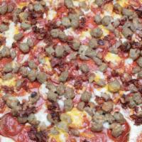 Mega Meat Pizza · Salami, pepperoni, smoked ham, italian sausage, beef and crispy bacon.