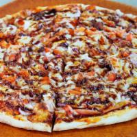 Bbq Chicken Pizza · Grilled chicken, crispy bacon, onions, roma tomatoes and topped with a drizzle of bbq sauce.