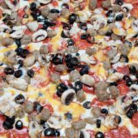 Wrangler Pizza · Pepperoni, italian sausage, black olives and fresh mushrooms.