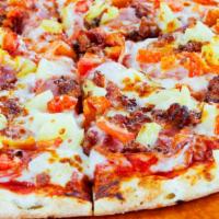 Paradise Pizza · Smoked ham, pineapple, roma tomatoes and crispy bacon.