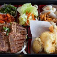 Galbi Bbq Bento Box · Bbq short ribs, tempura, salad, and selected Korean side dishes.