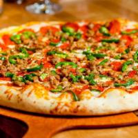 Dragon · tomato sauce • mozzarella // pepperoni • double italian sausage • fresh jalapeño • fresh gar...