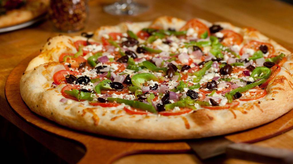 Greek · olive oil base • mozzarella // roma tomato • red onion • green pepper • kalamata olive • feta