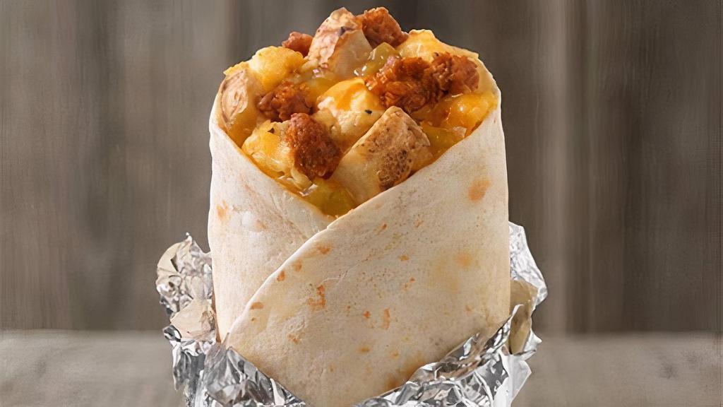 Chorizo, Egg And Cheese Burrito · A Breakfast Burrito made with fluffy eggs, homestyle potatoes, shredded cheese and authentic green chile from Hatch Valley, NM, plus chorizo.
