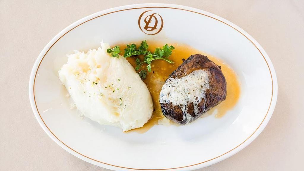 Piedmontese Filet Mignon 8 Oz · topped with our signature steak butter and served with garlic mashed potatoes, jumbo baked potato, french fries or broccolini