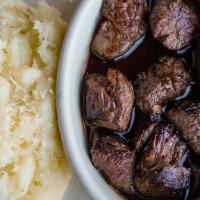 Filet Mignon Steak Strips · filet mignon, teriyaki glaze, garlic mashed potatoes