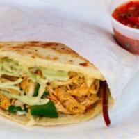 Chicken Arepa · A grilled corn Arepa with our seasoned shredded chicken, mozzarella cheese and mixed greens ...