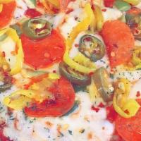 Veggie Pizza · onions, green pepper, mushroom, black olives, banana pepper