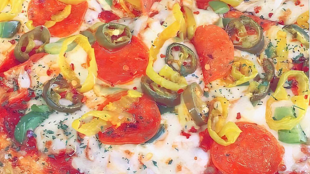 Veggie Pizza · onions, green pepper, mushroom, black olives, banana pepper