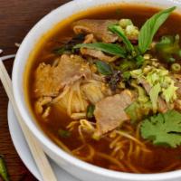 Thaisian  Noodle Soup · Rich savory Thaisian  Pho broth with rice noodles, choice of meat, and bean sprouts. Topped ...