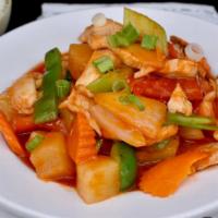Thai Sweet & Sour · Your choice of meat, pineapple chunks, bell peppers, carrots, tomatoes, and white onions sti...