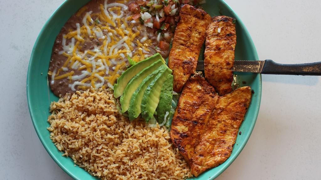 Pollo Asado Y Mas · Char-broiled seasoned chicken breast marinated with citrus juice. Choice of burrito, chimichanga, Chile relleno, or enchilada. Served with Spanish rice, re-fried beans, pico de gallo and avocado slices. No tortillas.