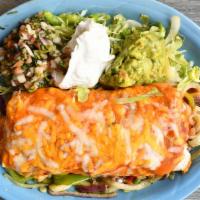 Burrito Fajitas · A soft flour tortilla filled with Spanish rice, re-fried beans and your choice of steak or c...