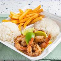 #5 Shrimp Rice Plate · 7 tail-on shrimp (1/4 lb), with two scoops of jasmine coconut rice (4 oz scoops) with fresh ...