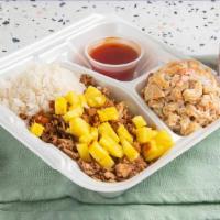 Baby Rice Plate · 4 oz. of slow roasted kalua pork (1/4 lb.), one scoop of jasmine coconut rice (6 oz), grille...