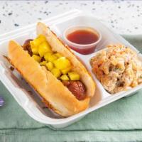 Baby Beef Dog · Grilled 100% all-beef 1/4 lb hot dog, grilled onions, fresh-cut pineapple, all inside a toas...