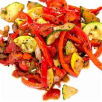 Primavera Veggies · Red bell peppers, zucchini and summer squash sautéed with our house-made tomato vinaigrette