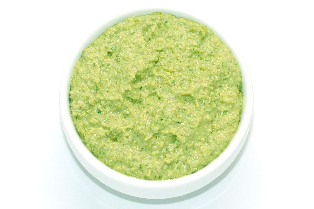 Poblano Pesto · Roasted Poblano peppers blended with roasted pepitas and garlic into a spicy garlicy spread. Vegan & Nut Free