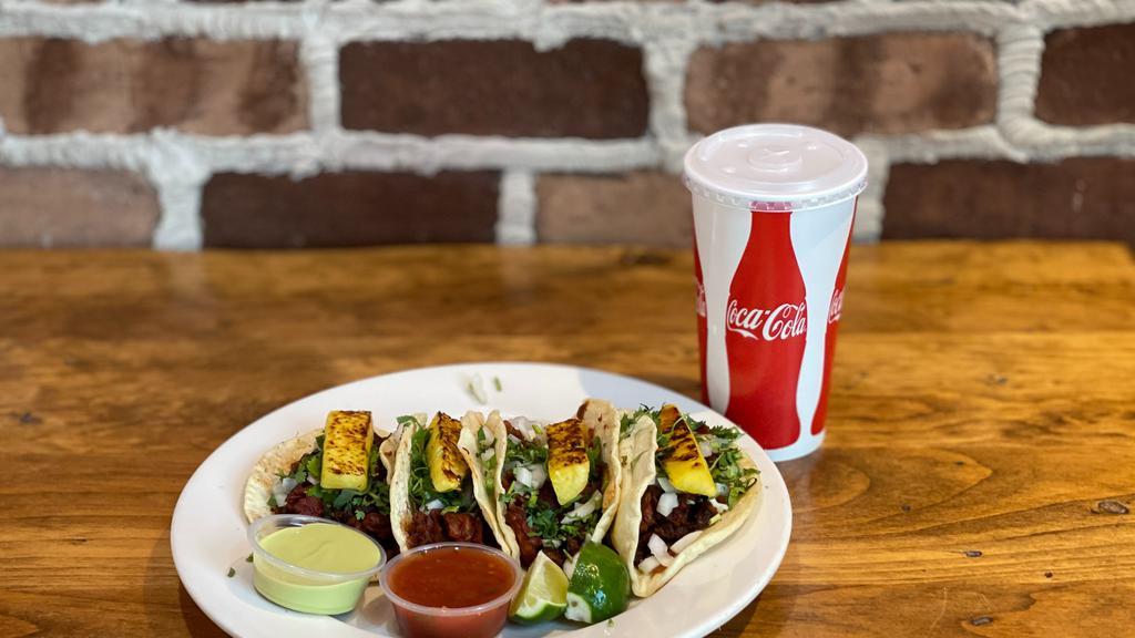 4 Al Pastor Tacos With Drink · Four Al Pastor Tacos with a fountain drink