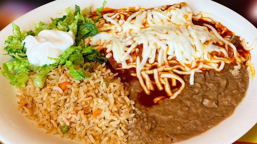 Enchilada Plate · Two enchiladas with a side of rice and beans