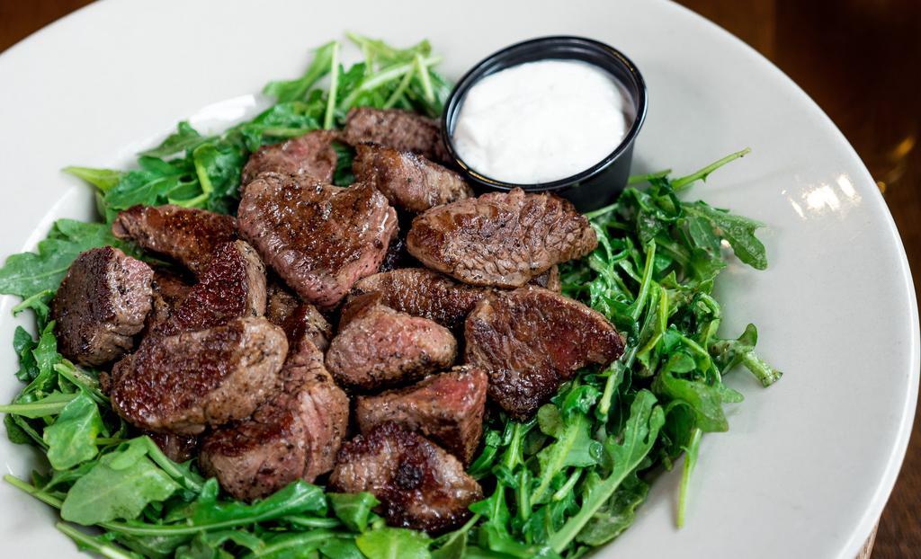 Steak Bites* (Gf) · Certified Angus Beef, Arugula, Sherry Shallots  + Sherry Vinaigrette and Tiger Dill Sauce on the side