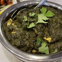 Saag Paneer · Spinach cooked with home-made cottage cheese with a touch of cream.