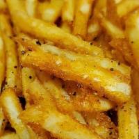 Fries · 1/4 inch crispy coat fries tosed in Himalayan pink salt, coarse black pepper, and granulated...