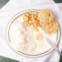 Southern · Favourite. Homemade biscuits and country gravy, two basted eggs, country potatoes, and Engli...
