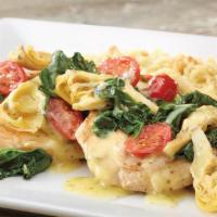 Lemon Artichoke Chicken · Grilled chicken breasts with artichokes, sauteed spinach, tomatoes and lemon butter sauce ov...