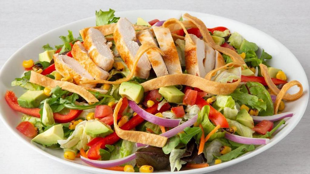 Southwest Salad · Grilled chicken, southwest veggies, corn, avocado, tomato and tortilla strips on mixed greens.  Recommend Chipotle Ranch dressing.