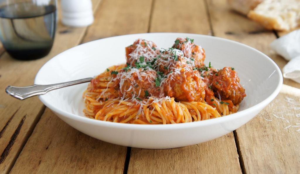 Mom'S Spaghetti & Meatballs · House Marinara Sauce + Classic Italian Meatballs + Mozzarella Cheese + Basil Pesto + Spaghetti Pasta