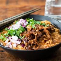 Chef'S Street Style Barbacoa Ramen Bowl · 4 Hour Beef Short Ribs + Ramen Noodles + Red Chili Broth + Cilantro + Onions + Limes + Red P...