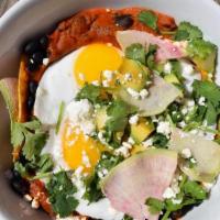 Chicken Huevos Rancheros · 2 Corn Tortillas - 2 Sunny Eggs - Black Beans - Ranchero Sauce - Avocado - Queso