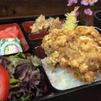 Chicken Karaage Bento Box · Tender and Juicy Batter Fried Pieces of Chicken. A hearty bento set. Served with Rice, 4 pcs...