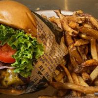 Bacon Cheddar Burger · Shred lettuce, tomato, red onion, pickles, 1000 island. Served with house cut fries.