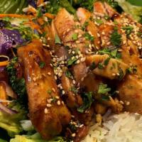 Grilled Chicken Teriyaki Bowl · Grilled chicken, Jasmine rice, house-made
teriyaki sauce, broccoli, cabbage slaw, toasted se...
