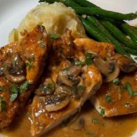 Chicken Marsala Specialty · Served with Yukon gold mashed potatoes and fresh seasonal vegetables.