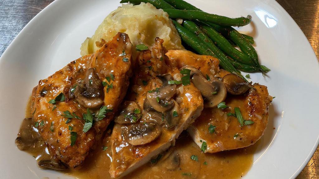 Chicken Marsala Specialty · Served with Yukon gold mashed potatoes and fresh seasonal vegetables.