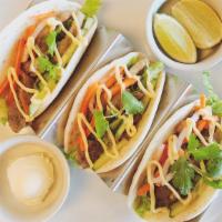 Banh-Mi Taco (3 Mini Pcs) · Your choice of meat, flour tortilla, green leaf lettuce, pickled carrot & daikon, cucumber, ...