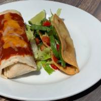 Bean Burro & Taco · Bean burro enchilada style with choice of taco (machaca, seasoned ground beef, or shredded c...