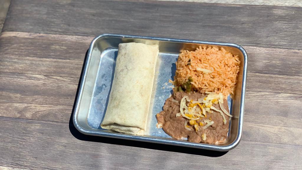 Kids Choice · Choice of one cheese enchilada, taco, bean and cheese burro or a bean tostada served with two sides.