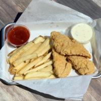 Chicken Fingers · LIghtly breaded chicken strips served with one side.